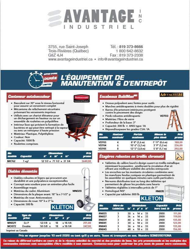 Promotion sur l'équipement de manutention & d'entrepôt