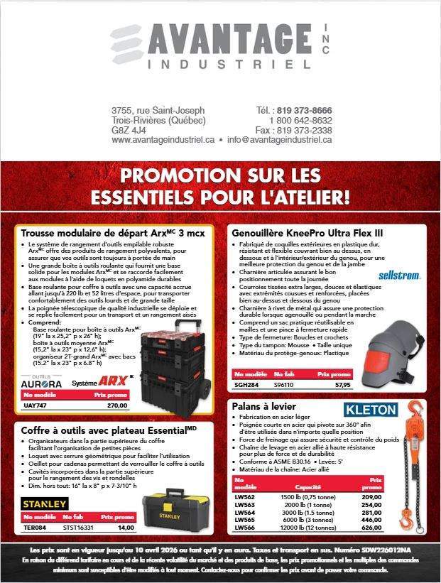 Promotion sur les essentiels pour l'atelier!